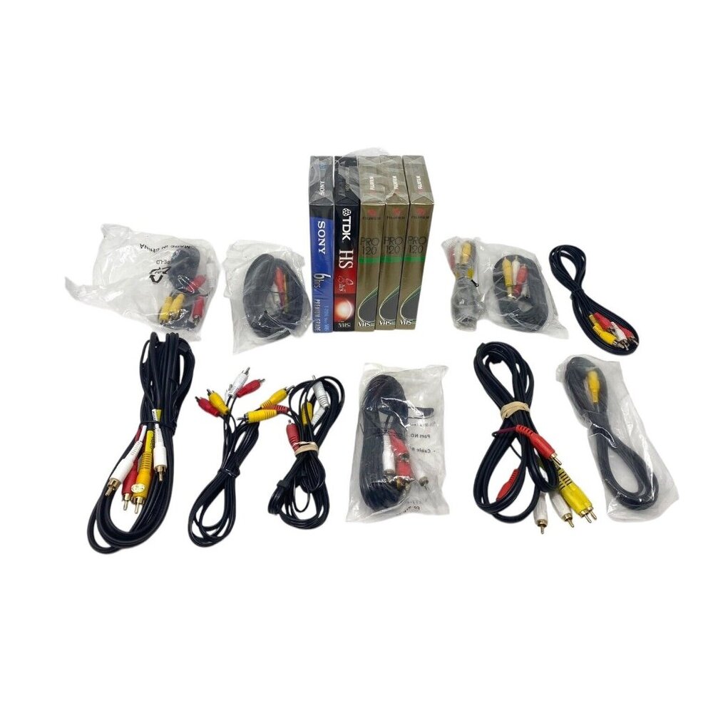 Lot of 11 RCA AV Audio/Video Cable Cords & 5 New Sealed VHS Blank Tapes